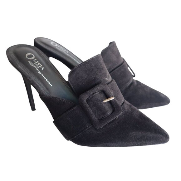 Olivia Ferguson Black Suede Pointed Toe High Heel Mules With Buckle Strap - Picture 1 of 5
